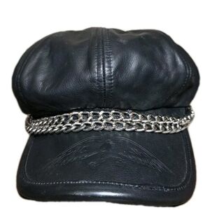 Black Leather Cap with Silver Chain
